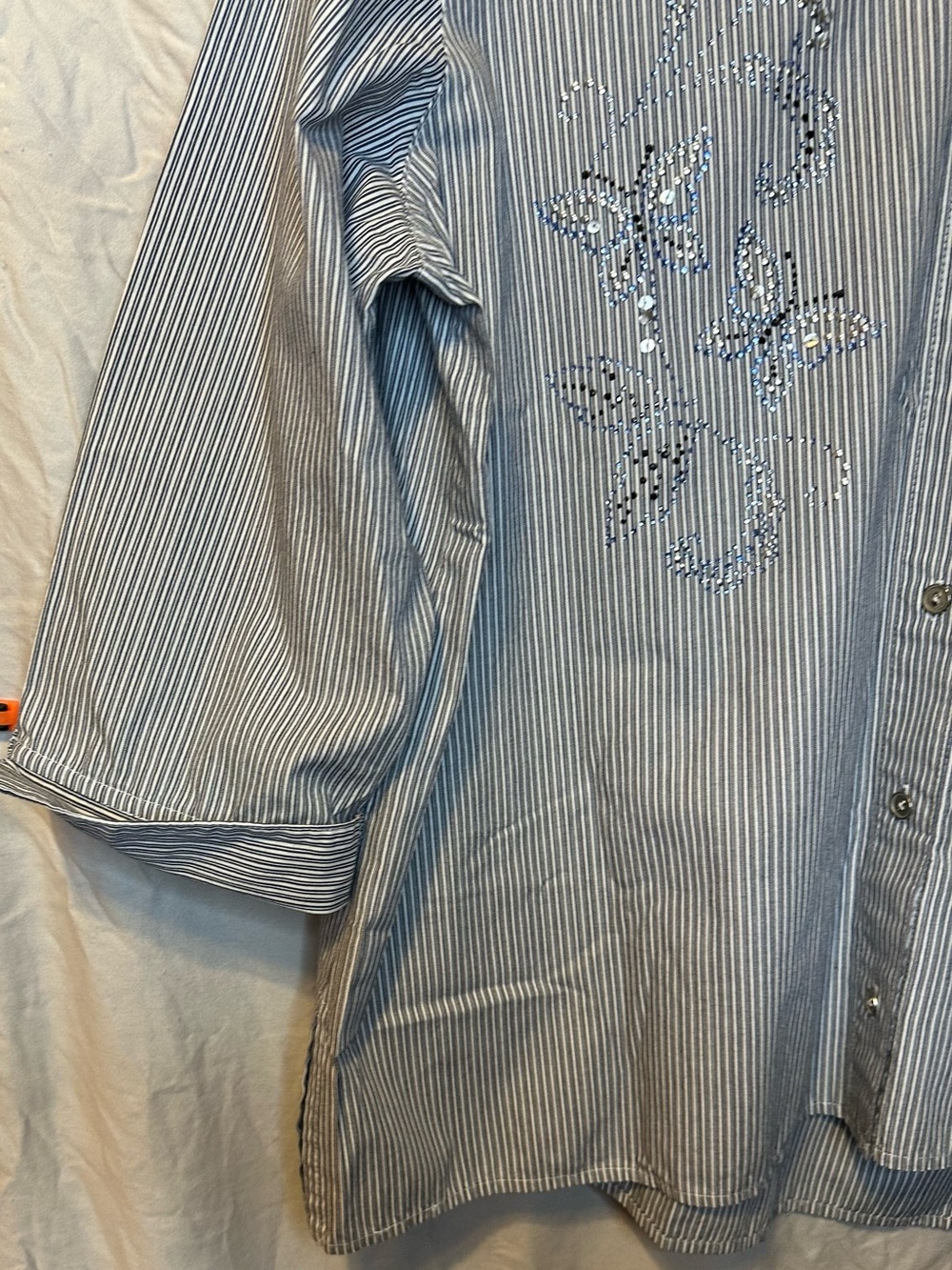 Alfred Dunner Navy & White Striped Embellished Button-Up Shirt - Picture 2 of 10
